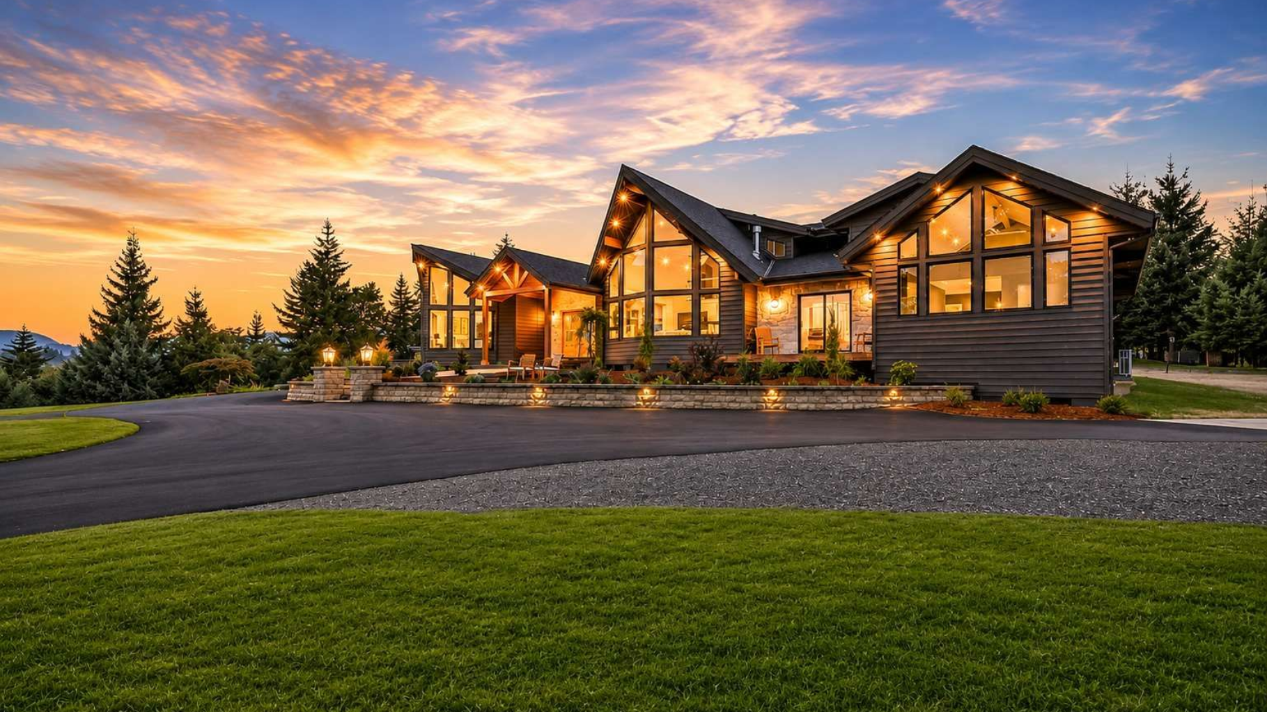 Modern cabin-style house at sunset with warm lit windows, driveway, and green lawn under a colorful sky