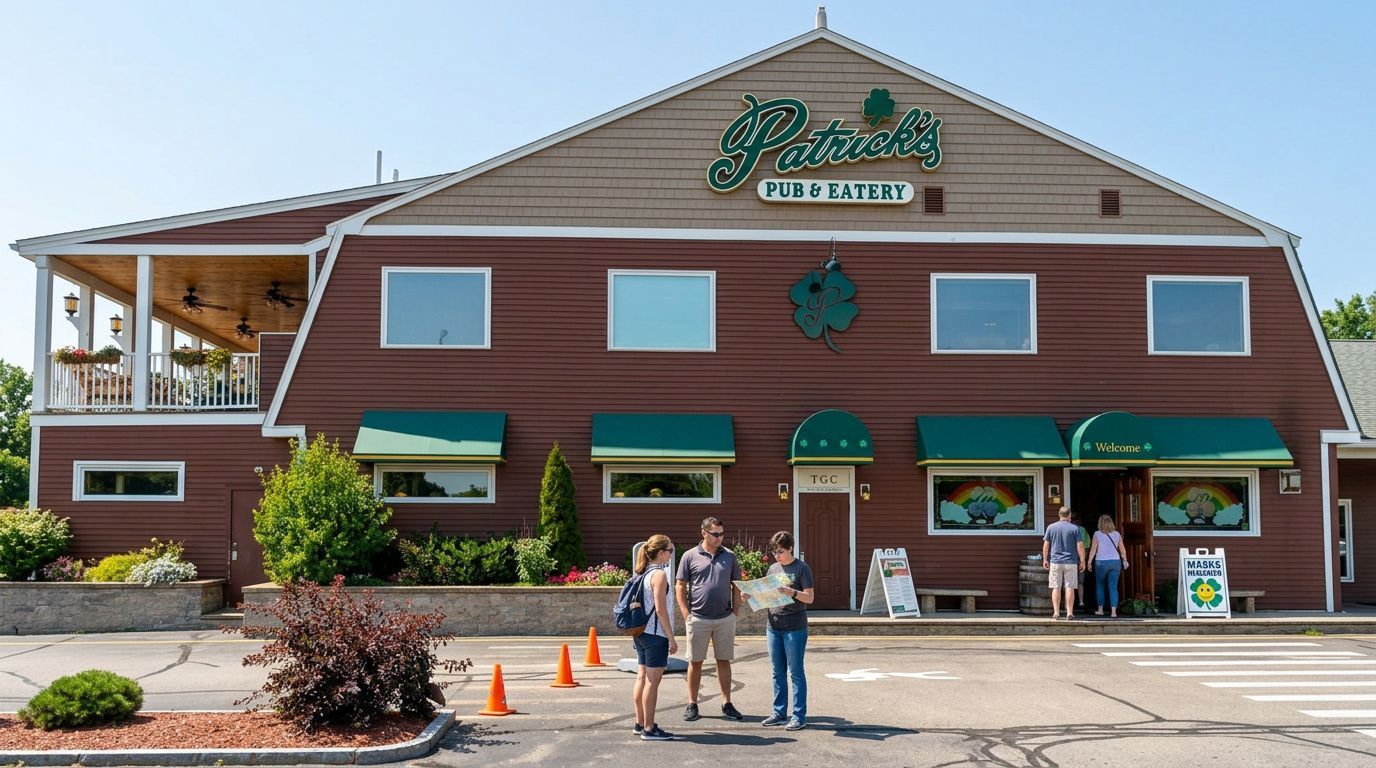 Rustic storefront with green awnings and people standing outside near orange cones