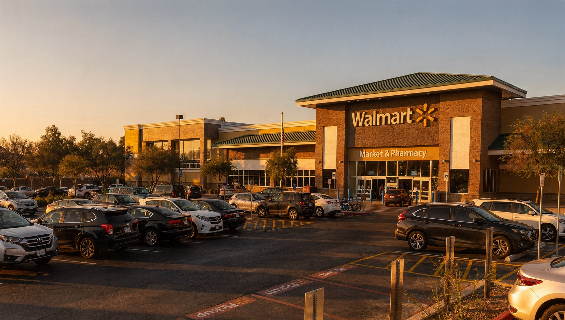 Walmart storefront at sunset with parked cars in the lot