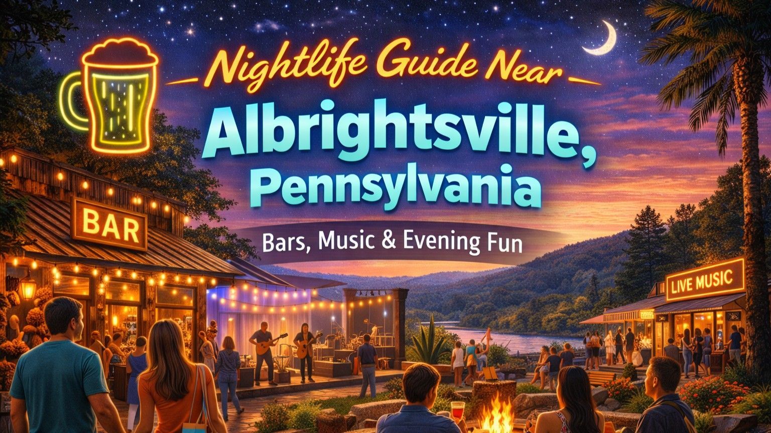 Nightlife guide near Albrightsville, PA: outdoor scene with a bar, live music, and people enjoying the evening.