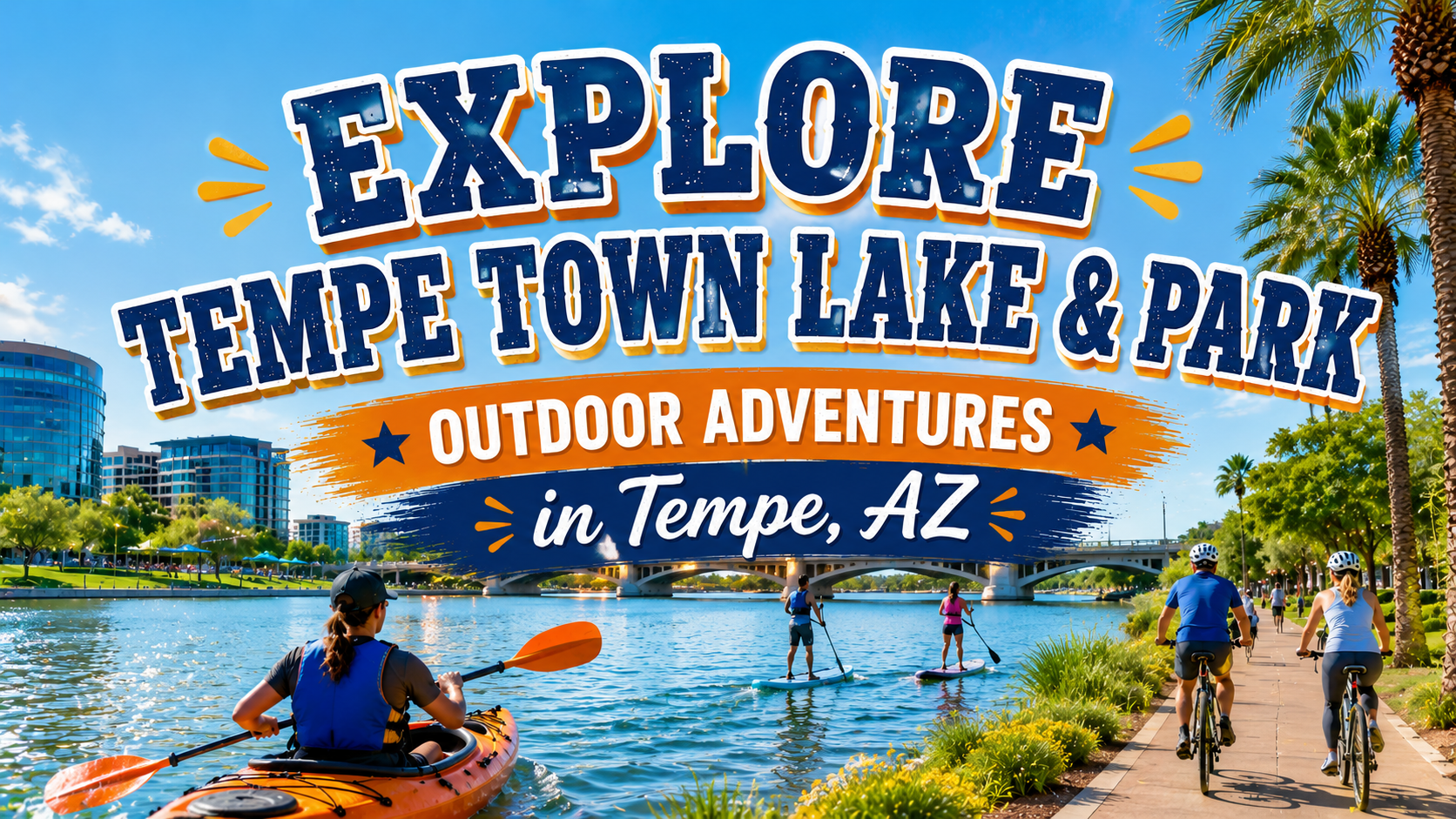 Explore Tempe Town Lake & Park outdoor adventures in Tempe, AZ, with kayakers and a lakeside skyline.
