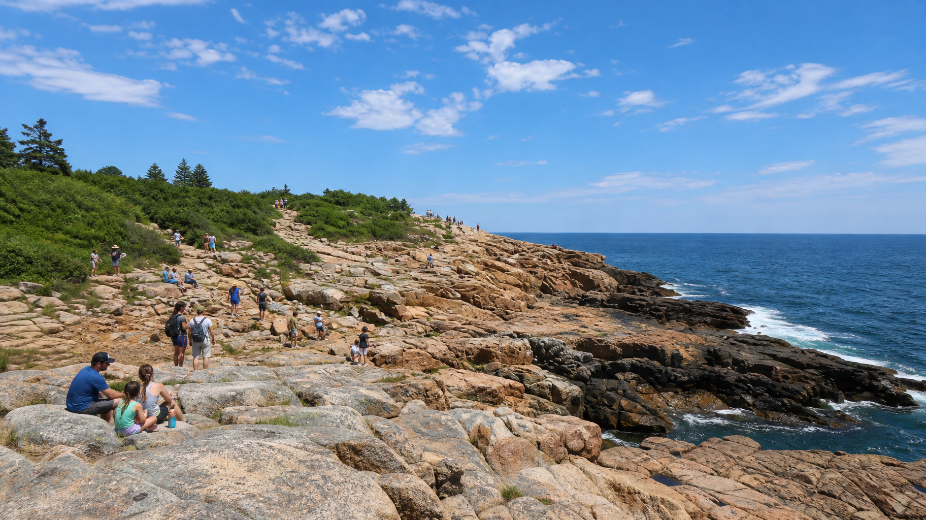 People sitting on rocky shoreline by the ocean under a bright blue sky