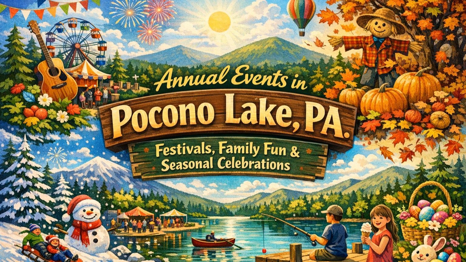 Annual events in Pocono Lake, PA, illustration with seasonal scenes: festival, autumn, winter, lake, fireworks, and family fun.