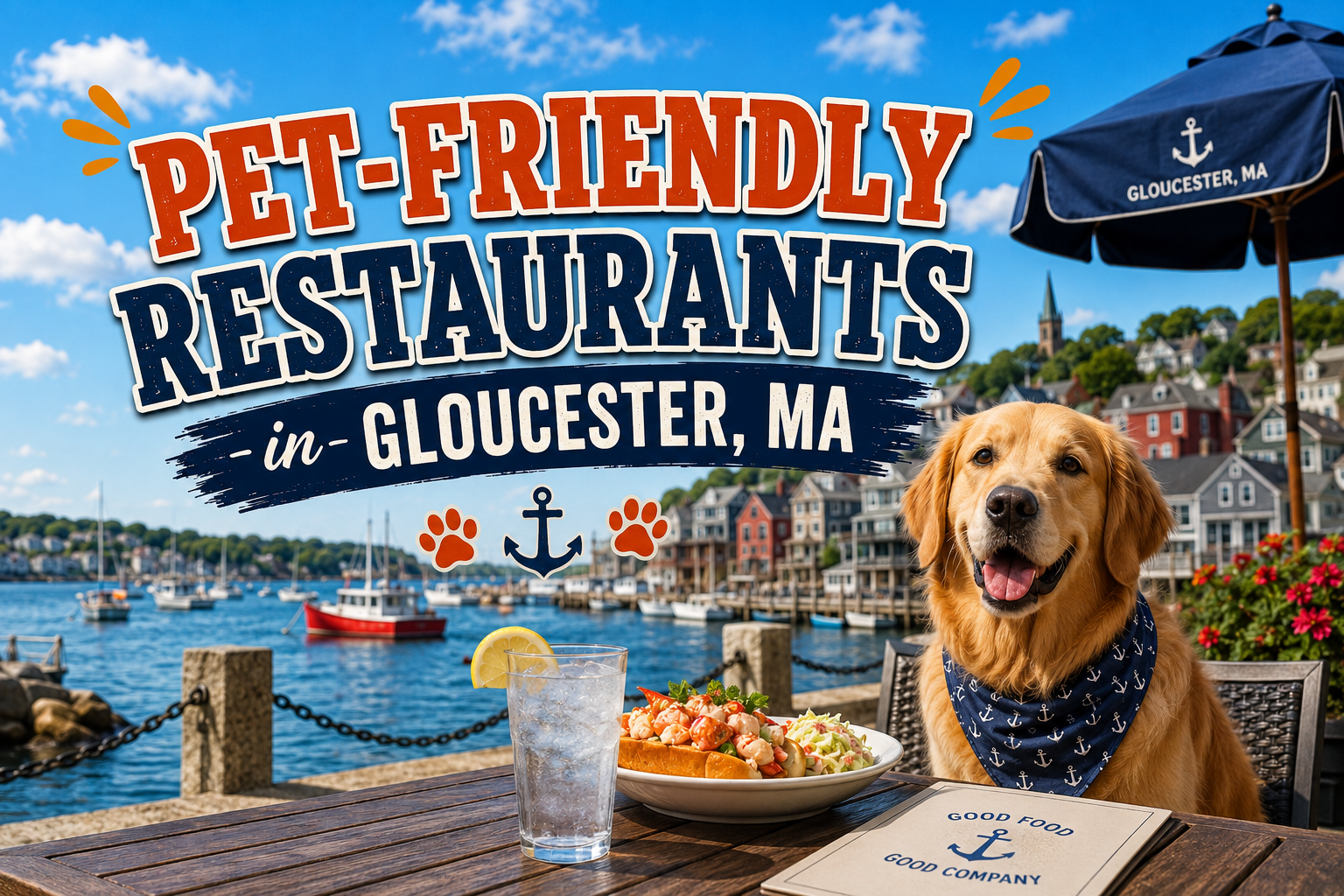 Pet-friendly restaurants in Gloucester, MA, with a golden dog by the waterfront dining table
