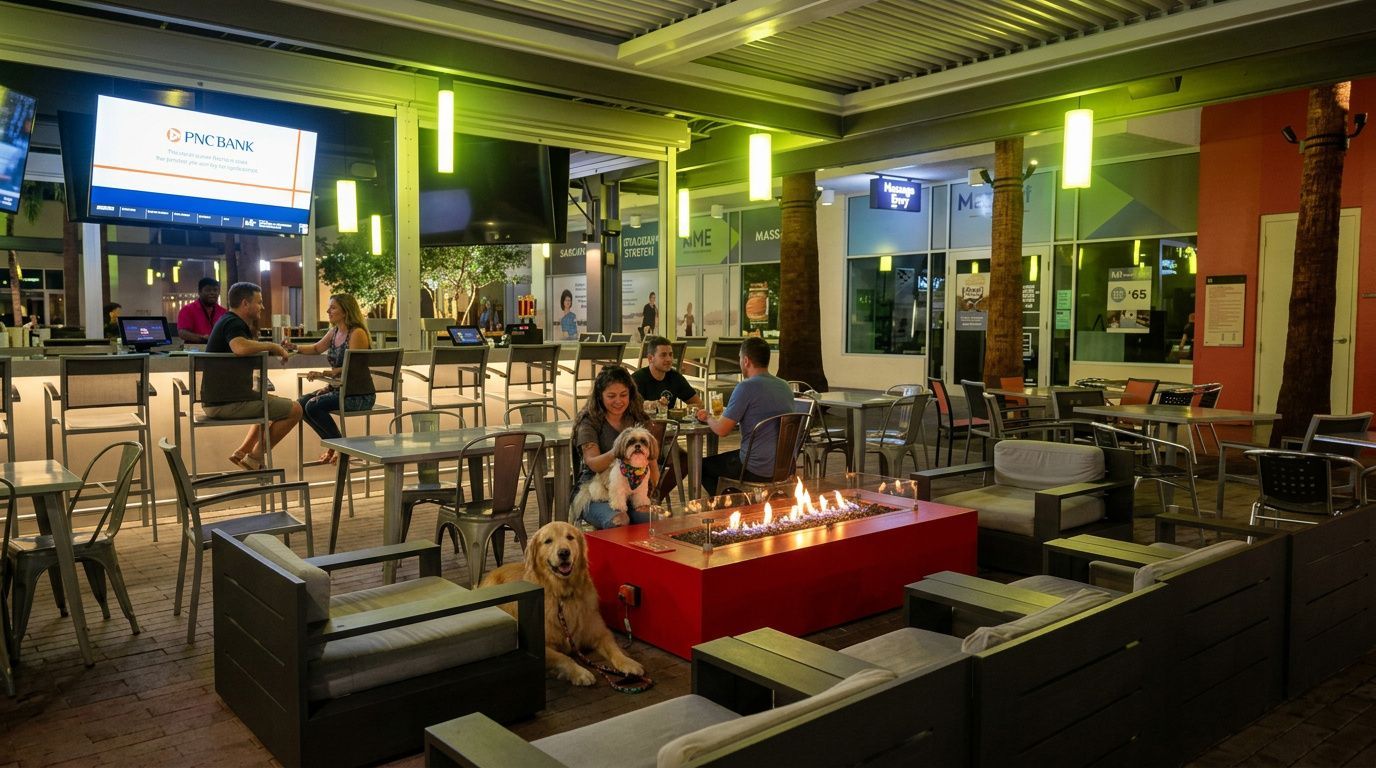 Open-air restaurant with patrons seated around red tables under green lights at night