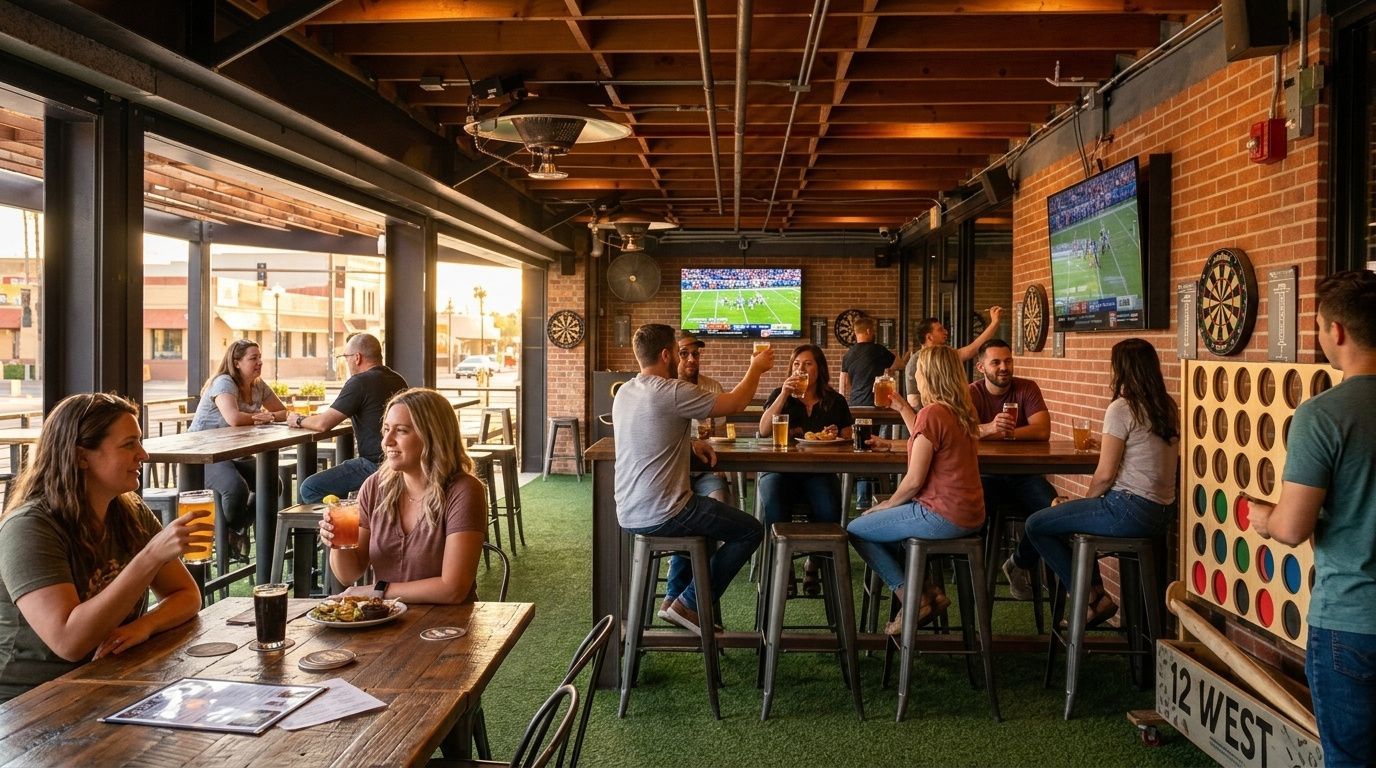 People seated at tables in a rustic bar with exposed beams, TVs, and a green turf floor.