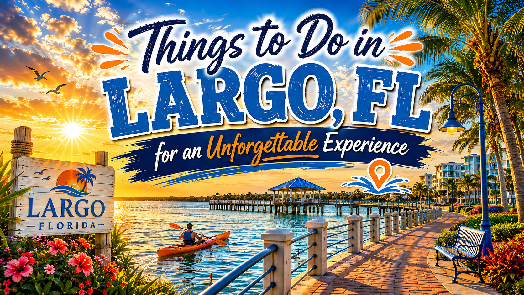 Sunset waterfront poster: “Things to Do in LARGO, FL” with pier, palm trees, and water reflections
