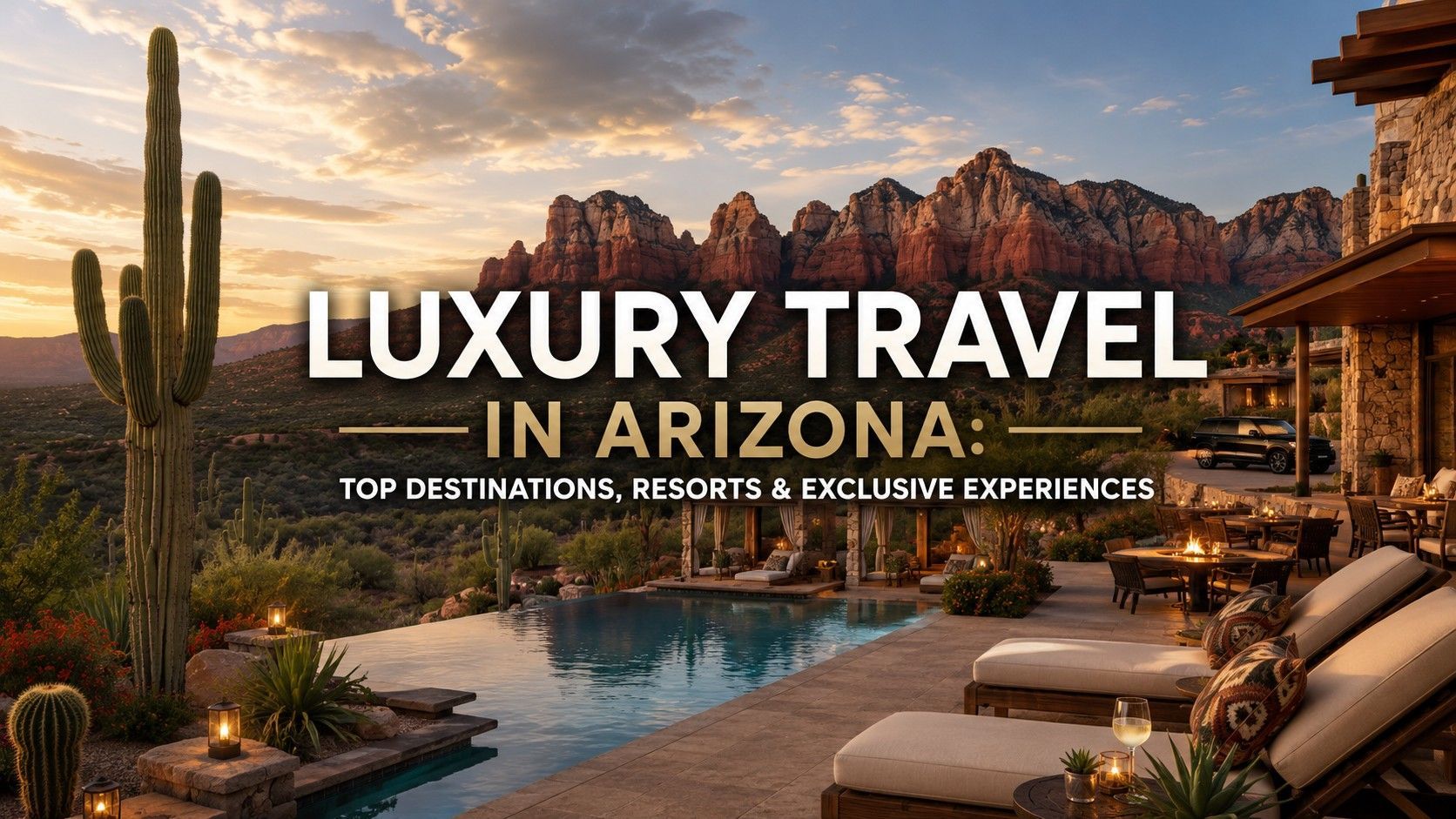 Desert resort pool at sunset with cacti and mountains, titled “Luxury Travel in Arizona”