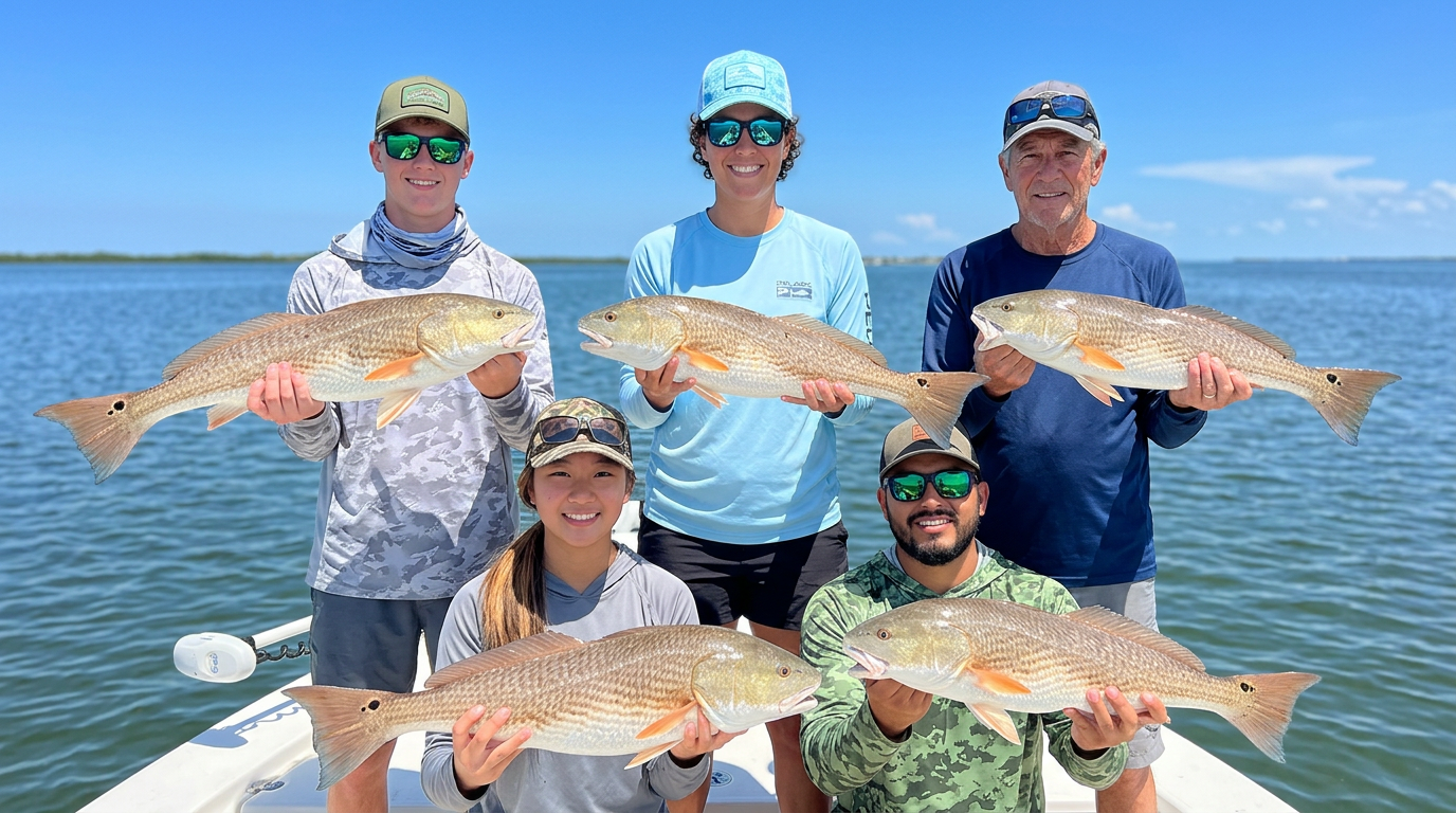 Five people on a boat hold up large fish on a sunny lake, smiling at the camera.