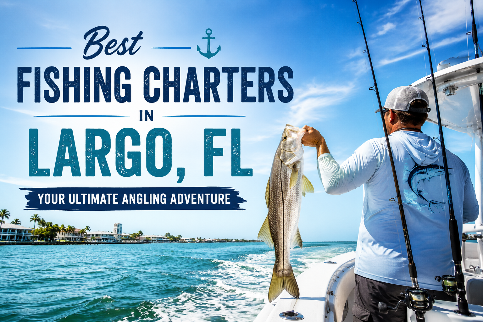 Fishing charter ad with angler on boat holding a fish in blue ocean, text: “Best Fishing Charters in Largo, FL”