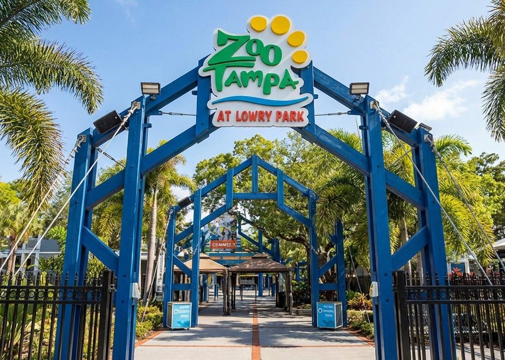 The blue steel entrance archway to ZooTampa at Lowry Park under a clear blue sky, surrounded by palm trees.