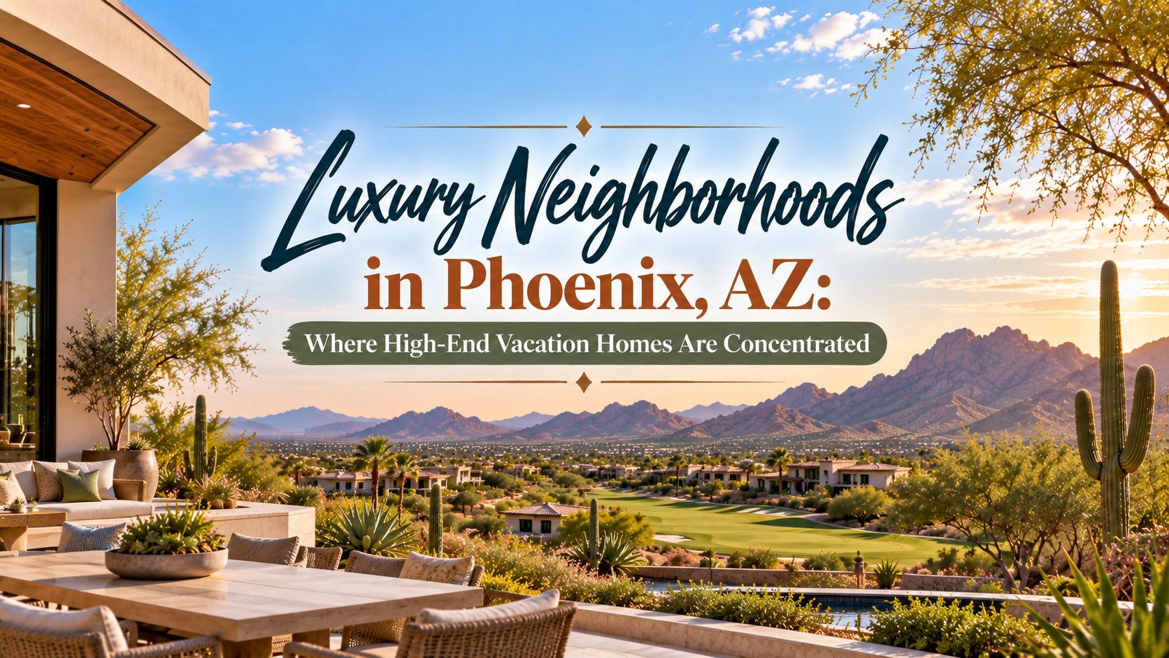 Luxury neighborhoods in Phoenix, AZ, with desert skyline and mountain views at sunset
