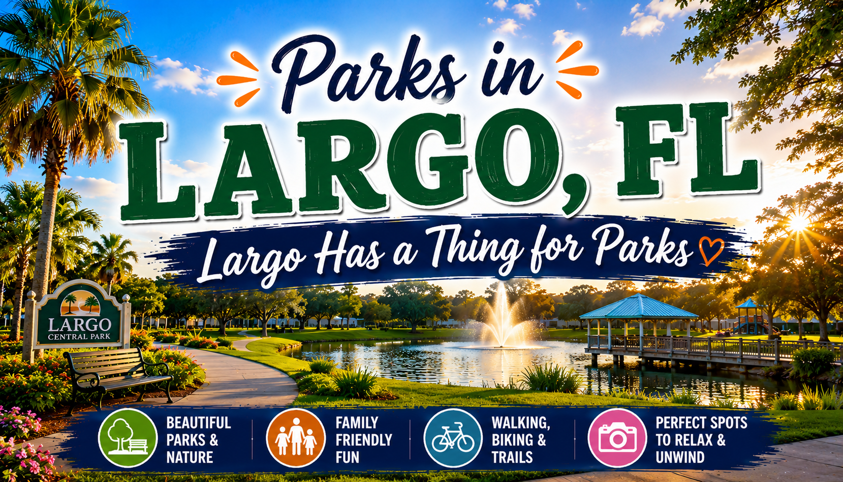 Banner for Parks in Largo, FL with scenic park photos and icons for hiking, biking, dog parks, and family activities