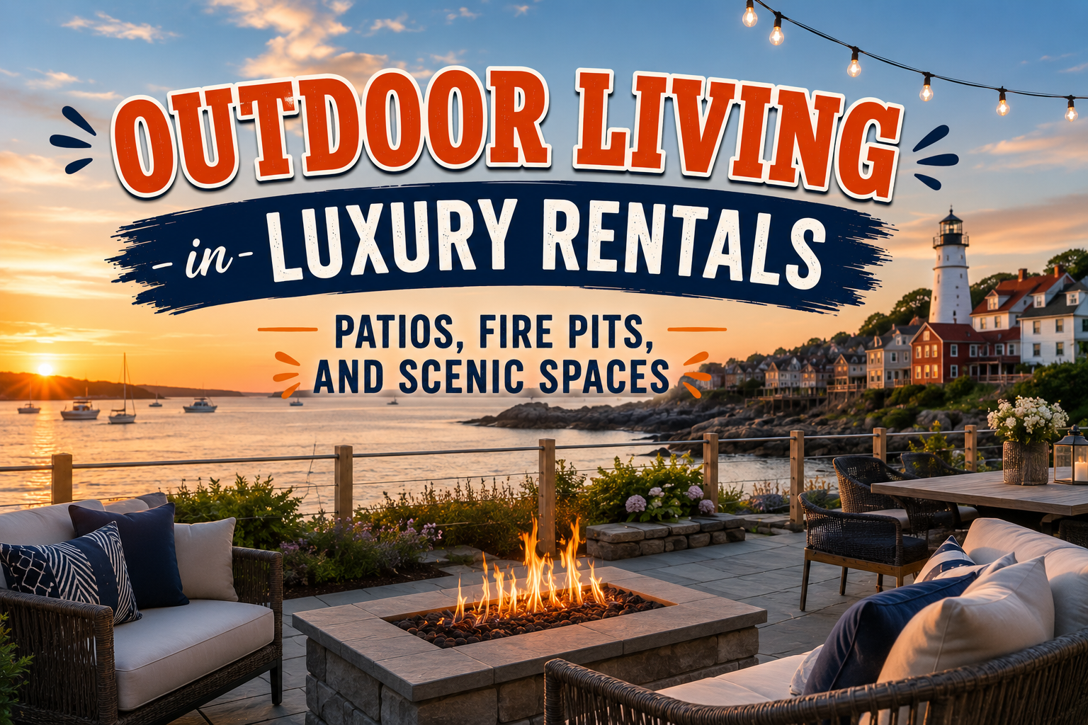 Luxury outdoor living rental patio at sunset with fire pit, string lights, and scenic water views