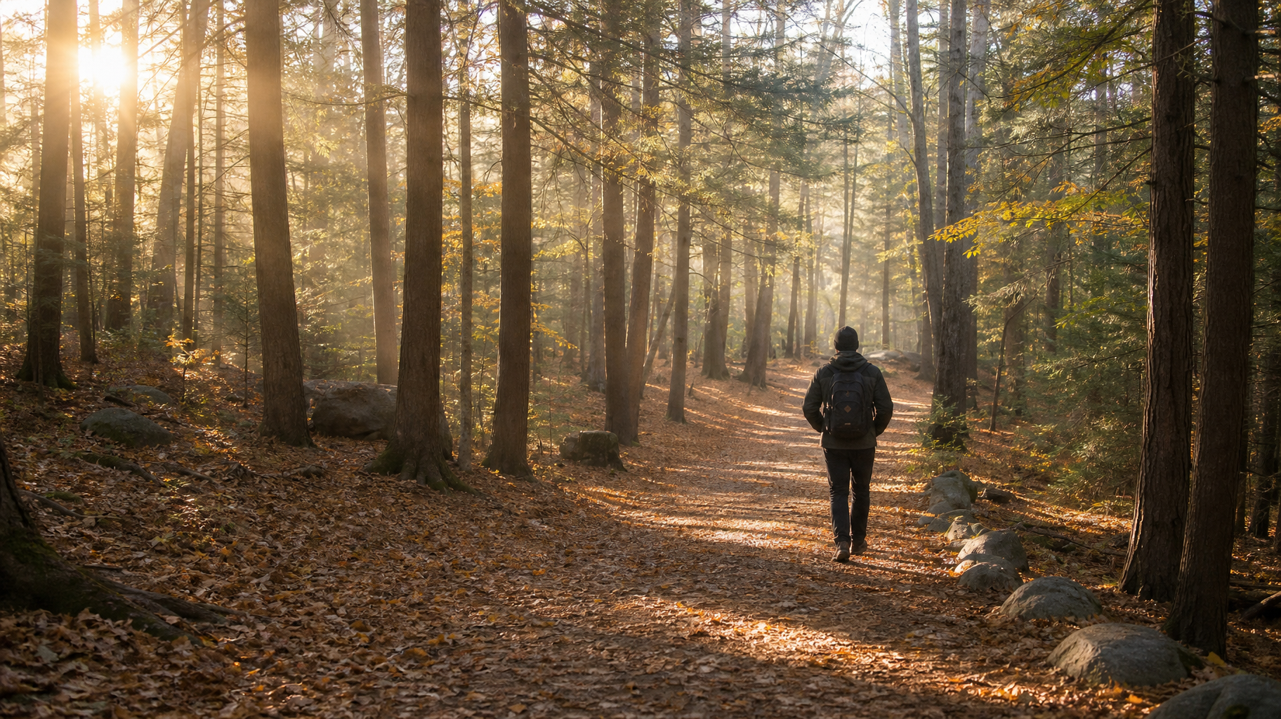 Person walking along a sunlit forest trail in autumn