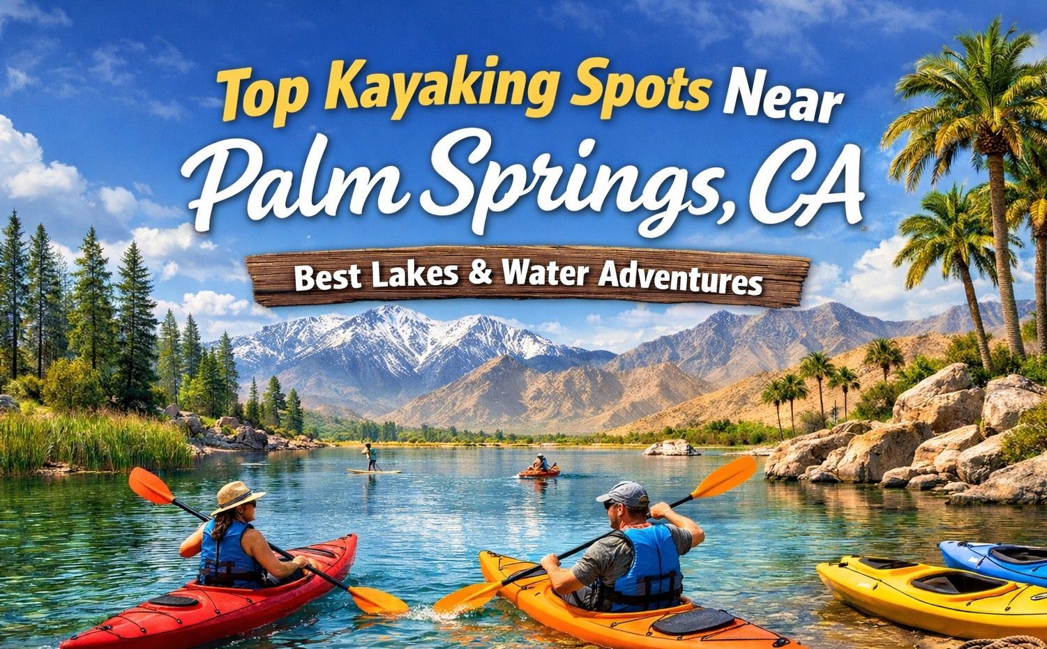 Kayakers on a lake before snow-capped mountains, with text overlaying the scene: 