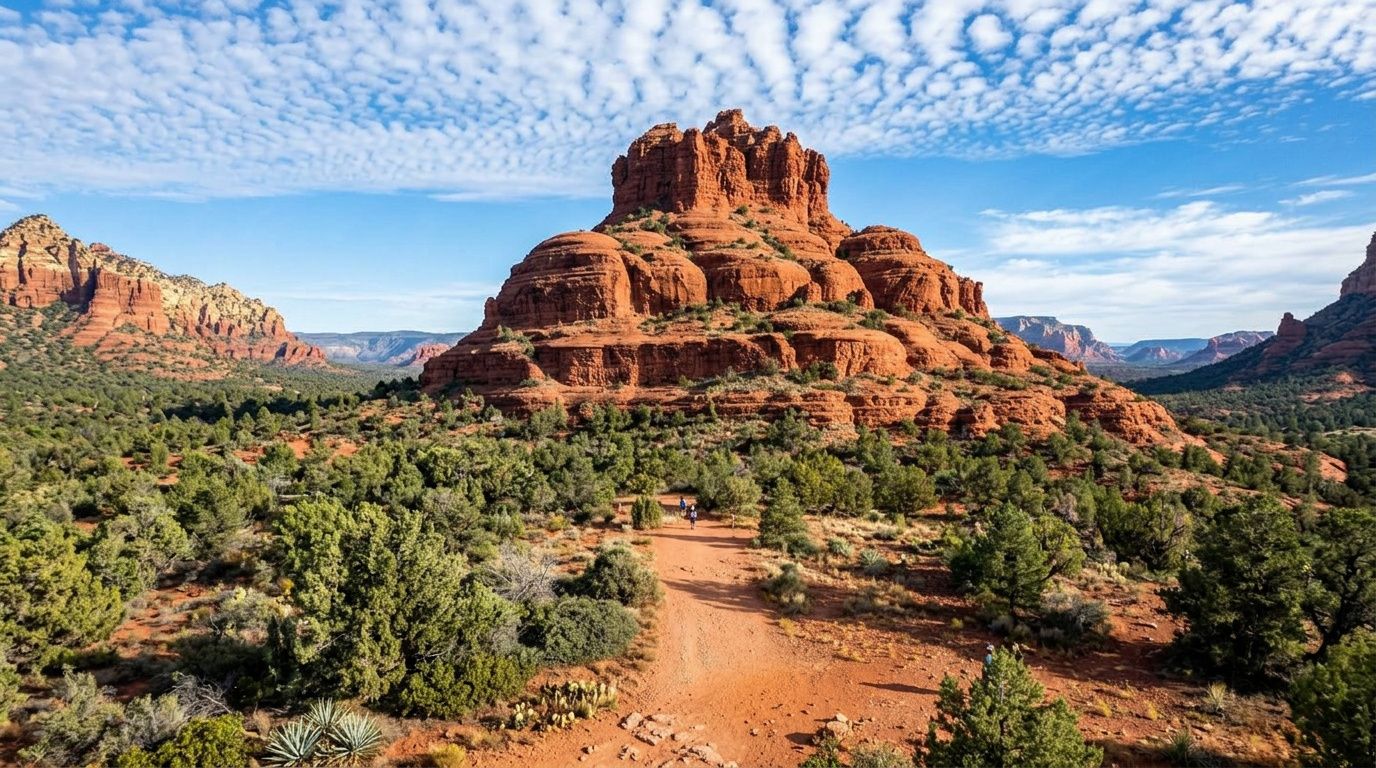 Red rock butte in a desert landscape with shrubs and a blue, cloud-streaked sky