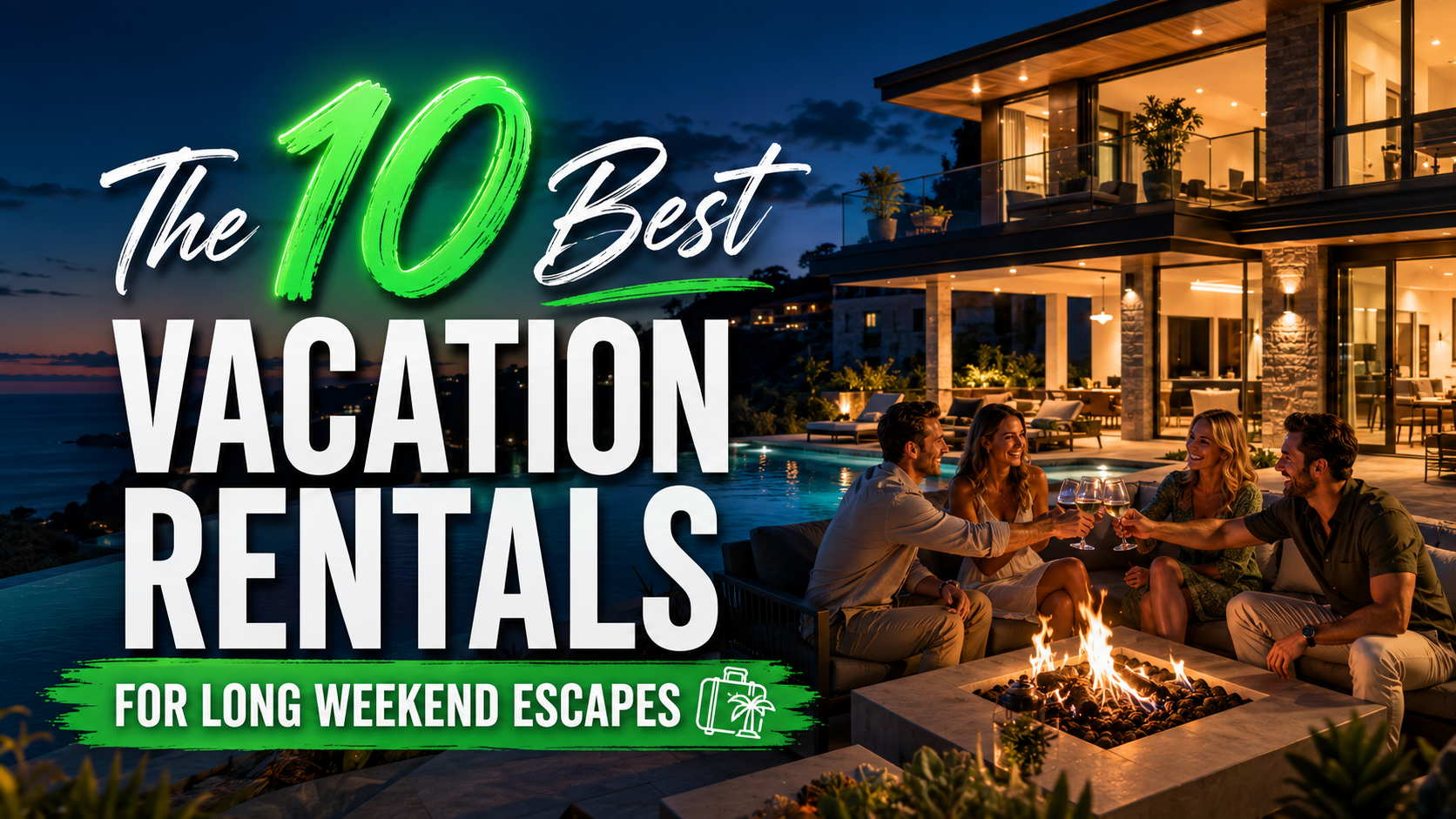 “The 10 Best Vacation Rentals” promo over a luxury outdoor patio with fire pit and seated guests at dusk