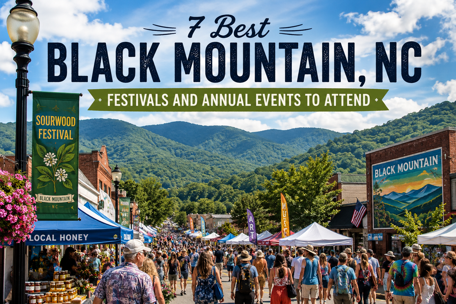 Crowded festival street in Black Mountain, NC, with mountain backdrop and tents under a blue sky.