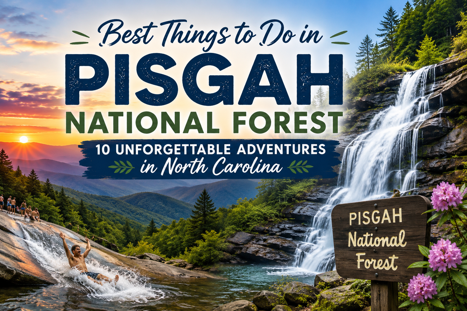 Pisgah National Forest travel poster with waterfall, mountains, sunrise, and “10 unforgettable adventures” text