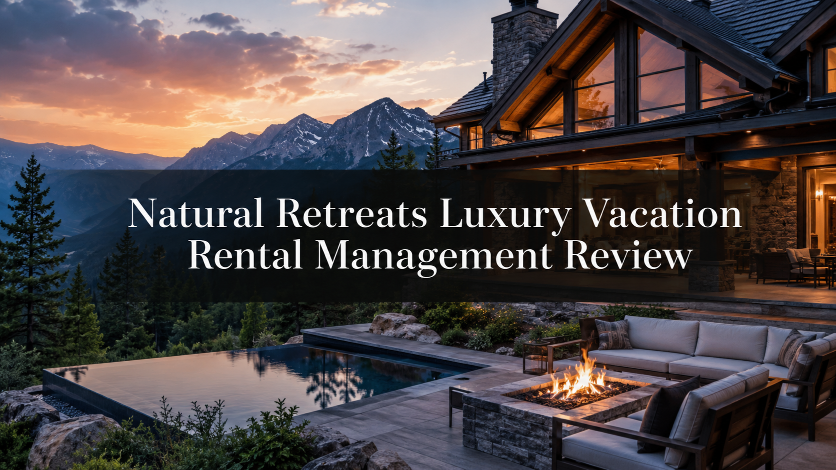 Mountain luxury rental cabin at dusk with lit fire pit and text: “Natural Retreats Luxury Vacation Rental Management Review”