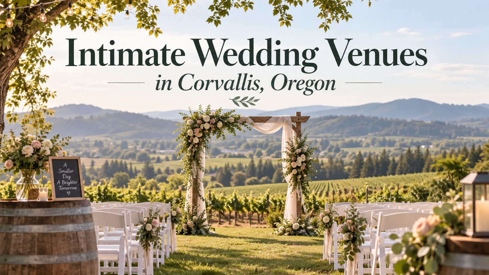Wedding venue arch overlooking vineyards and mountains in Corvallis, Oregon, with text overlay
