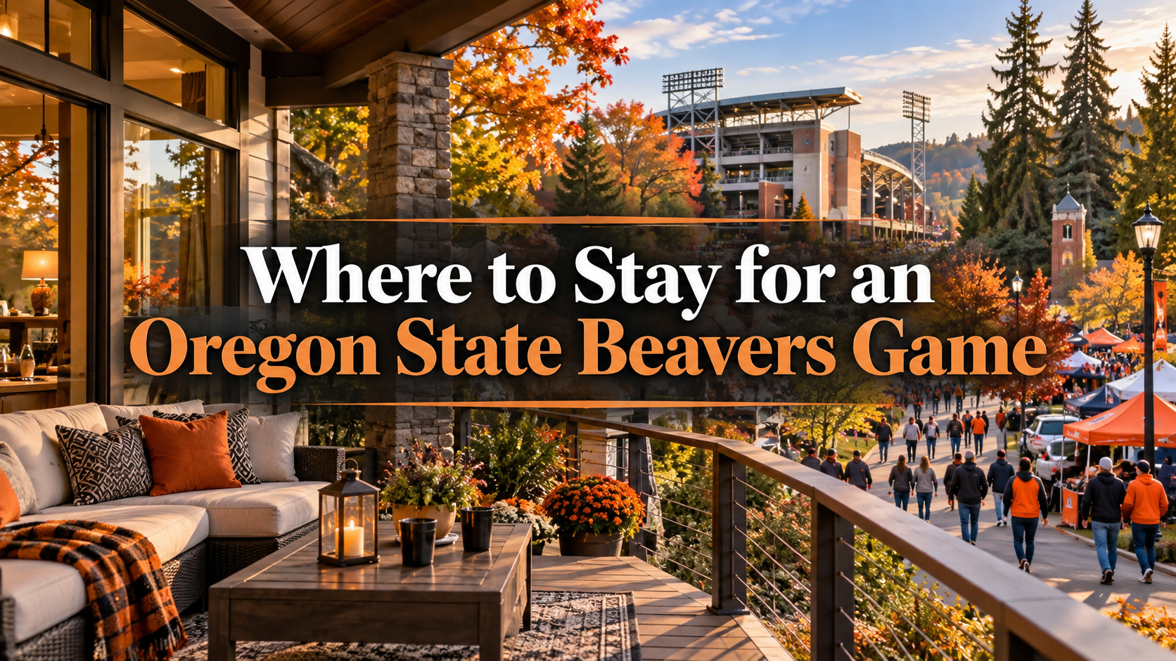 Oregon State Beavers game travel guide over a cozy balcony view of a stadium-lit autumn street