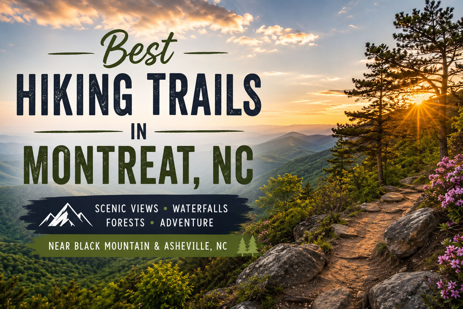 Sunset hike trail in Montreat, NC, with rocky overlook and mountains; “Best Hiking Trails” text overlay