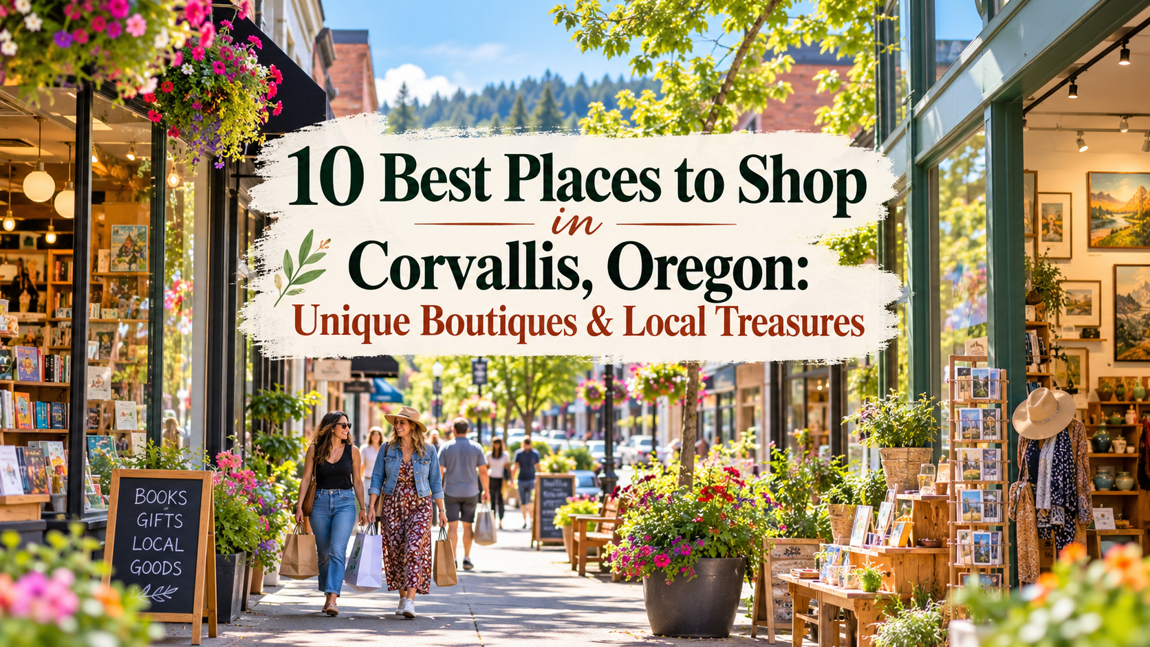 Boutique-lined street with shoppers and text: “10 Best Places to Shop Corvallis, Oregon”