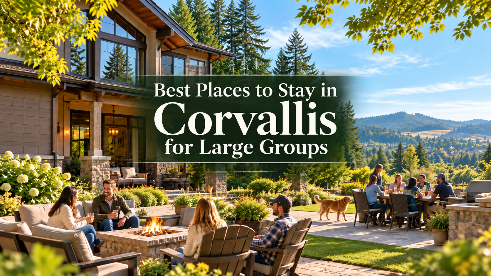 Outdoor patio gathering at a lodge with text overlay: “Best Places to Stay in Corvallis for Large Groups”