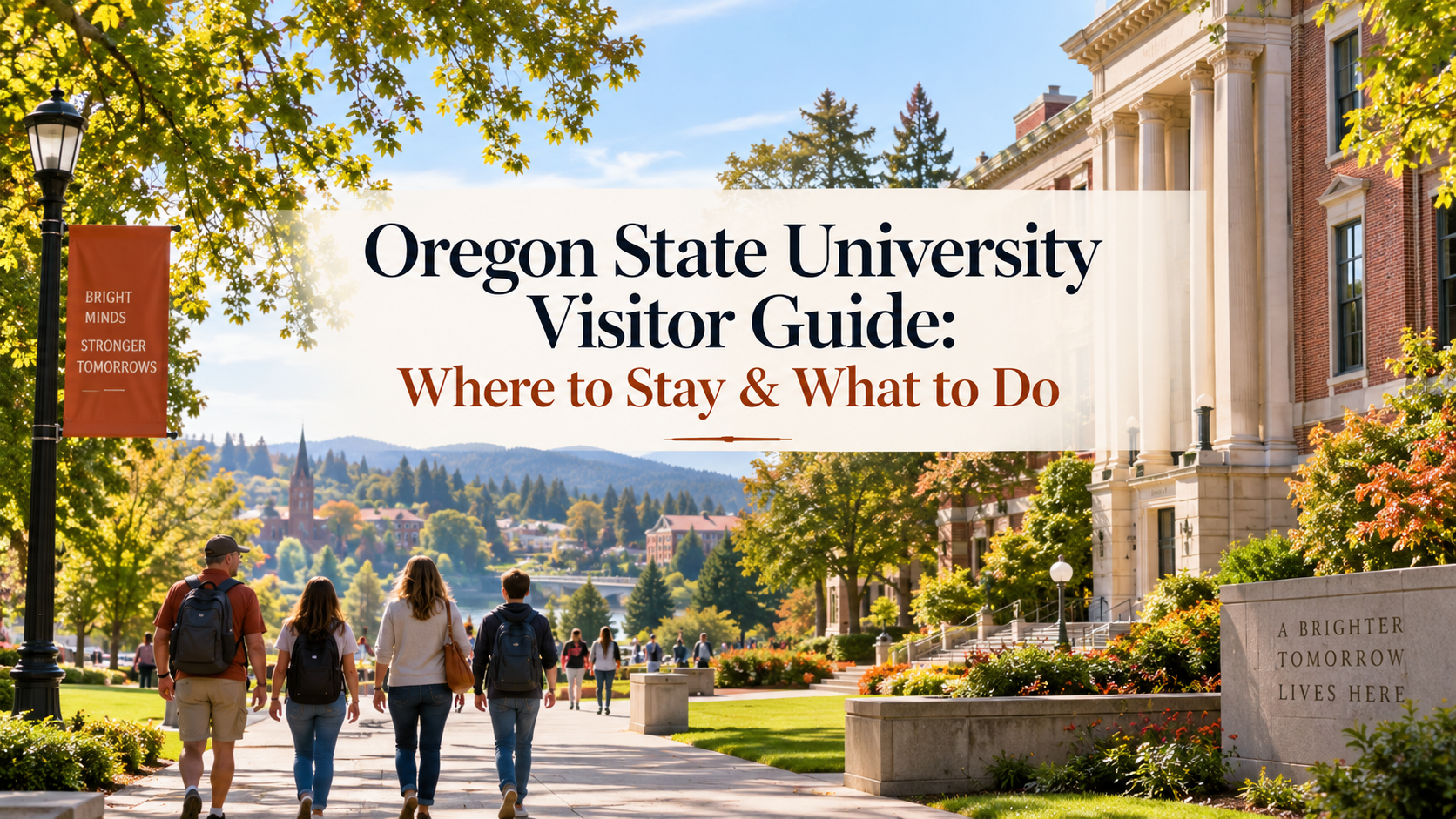 Oregon State University visitor guide cover with campus walkway, trees, and people walking