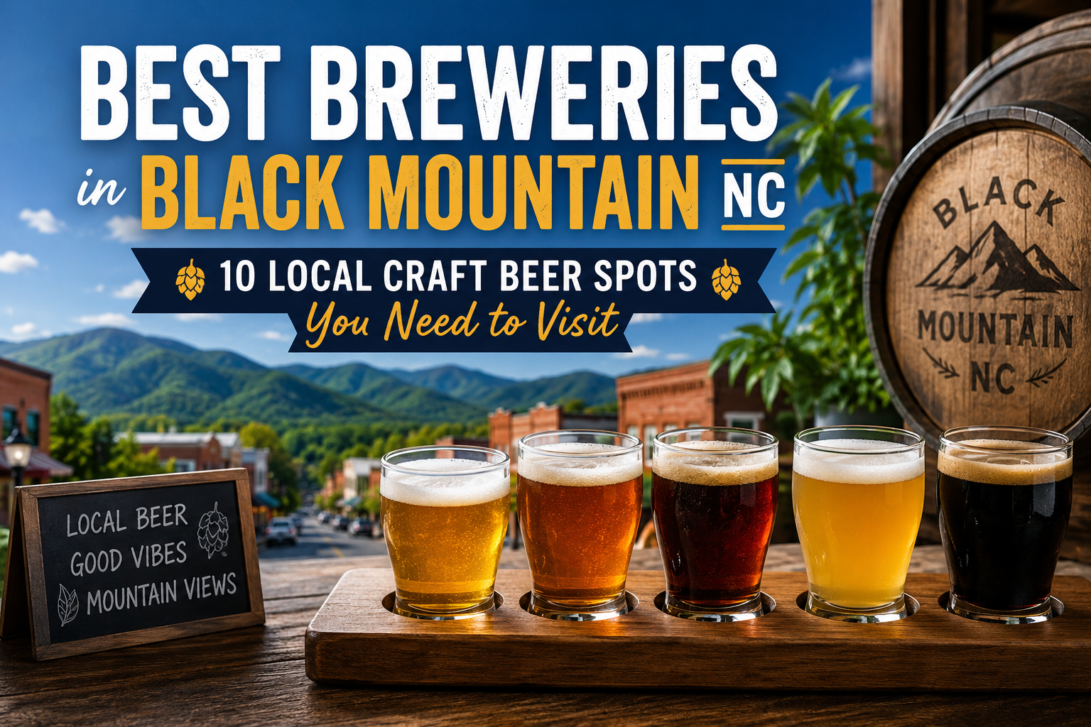 “Best Breweries in Black Mountain NC” poster with beer glasses and brewery logo on a mountain backdrop