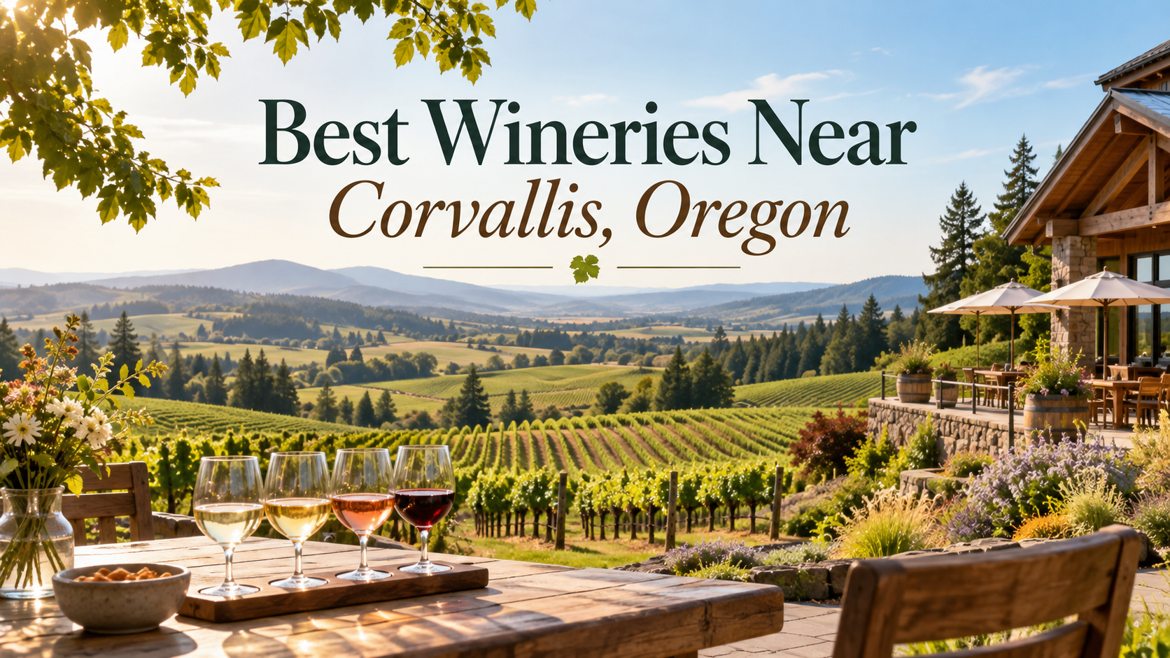 Best wineries near Corvallis, Oregon, over a vineyard valley with patio table and mountain views