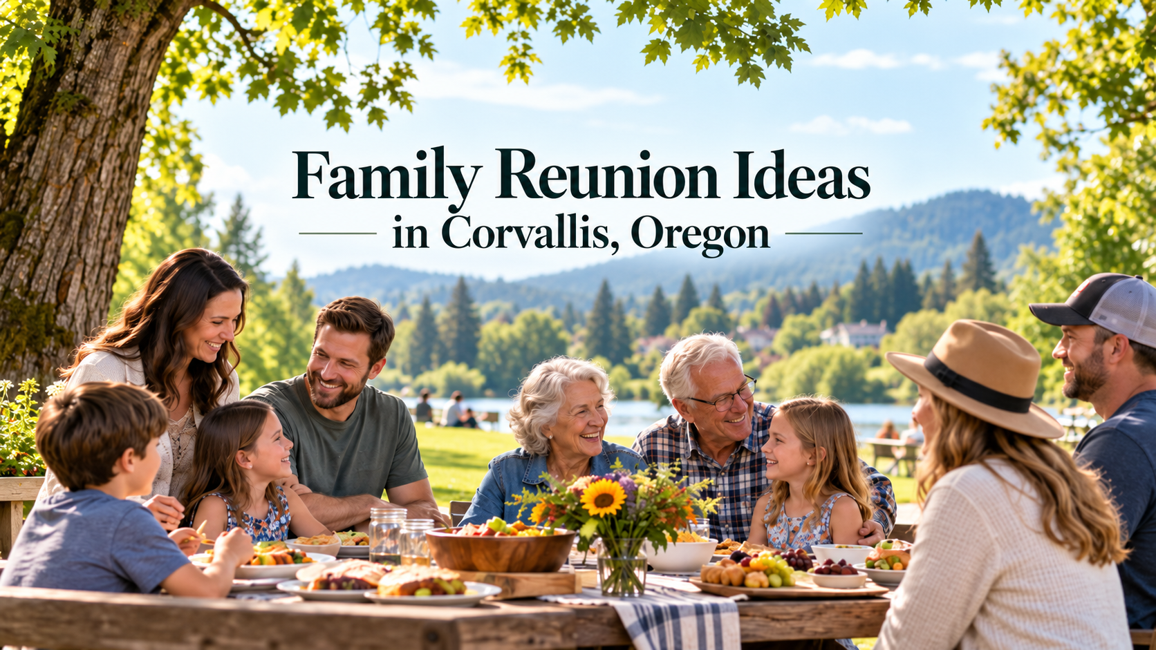 Friends gather at a picnic table outdoors in a sunny orchard, with text reading “Family Reunion Ideas in Corvallis, Oregon”