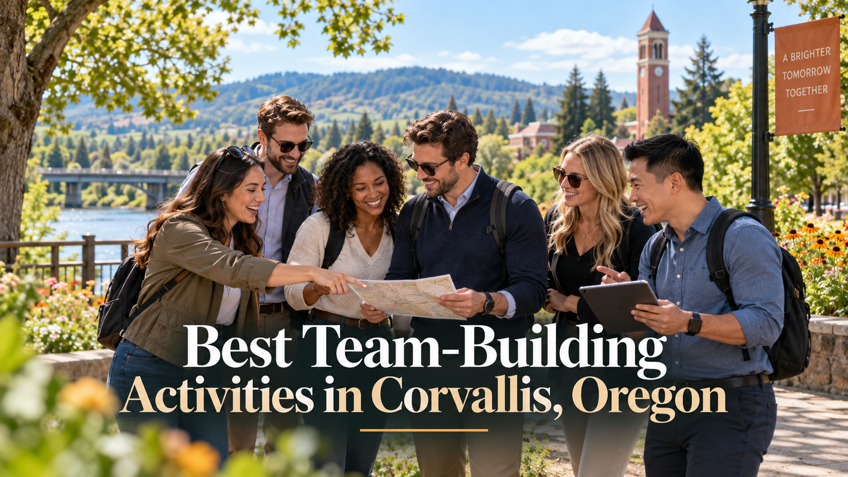 Team of people smiling outdoors in Corvallis, Oregon, with text about team-building activities