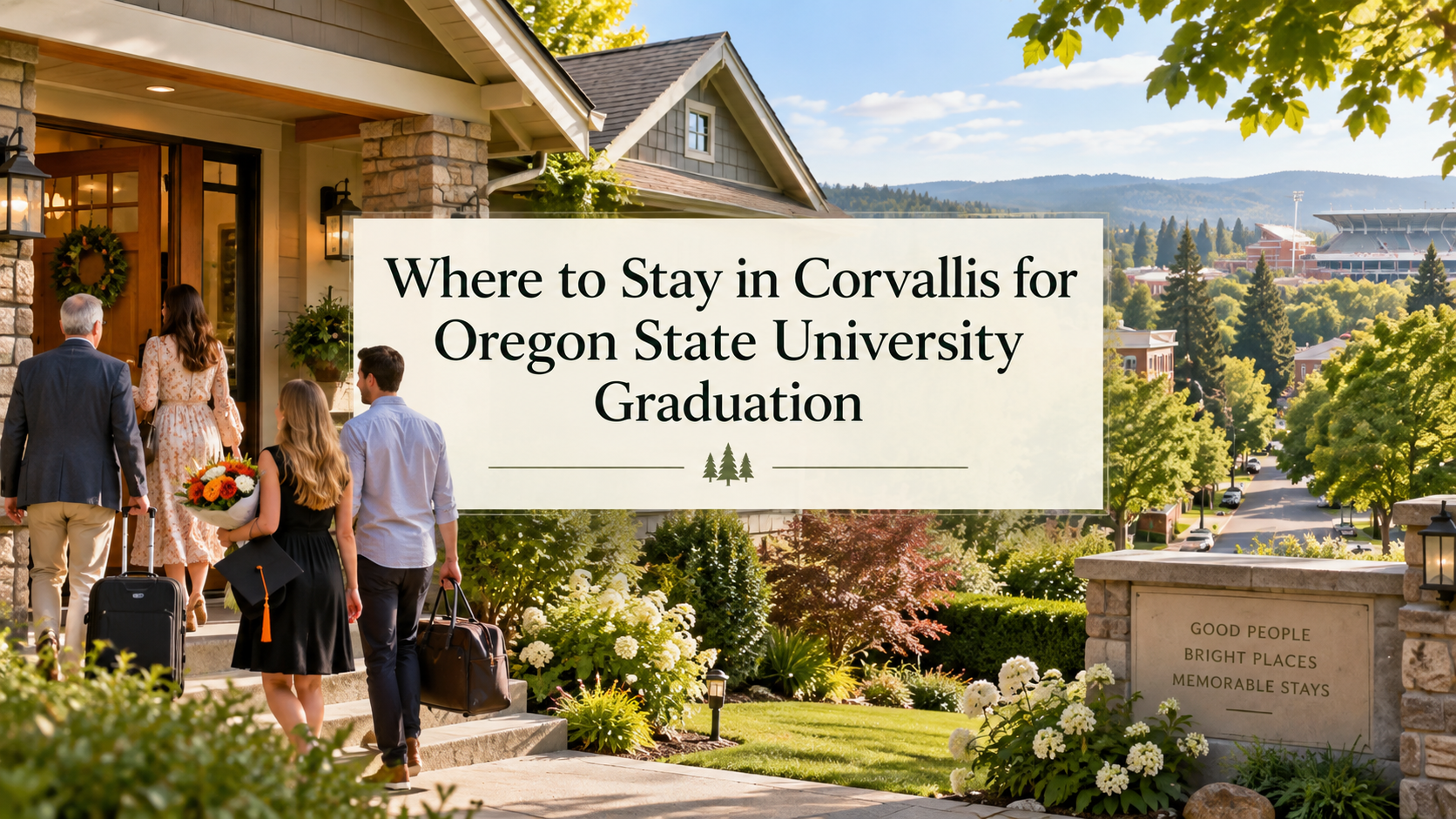 Corvallis hotel listing for Oregon State University graduation with campus walkway and people outside