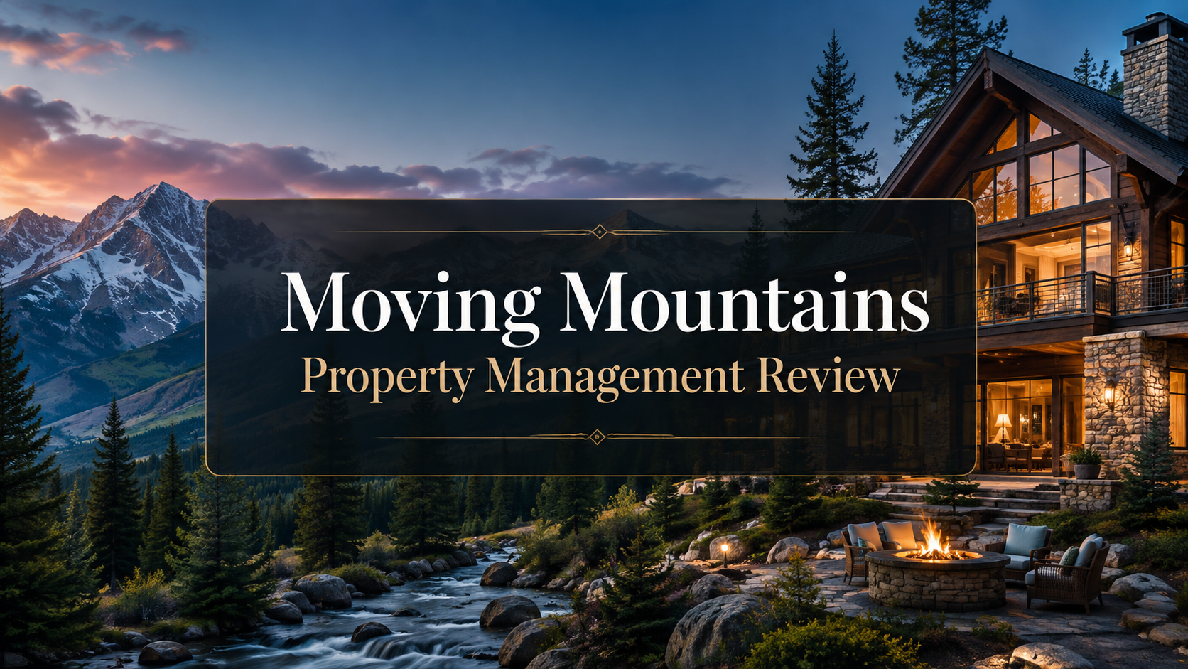Moving Mountains Property Management Review over a mountain lodge at dusk