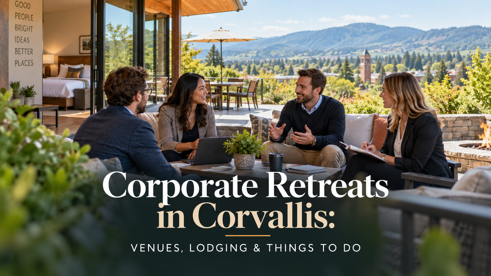 People meeting on a patio with mountain views; text reads “Corporate Retreats in Cornwall.”