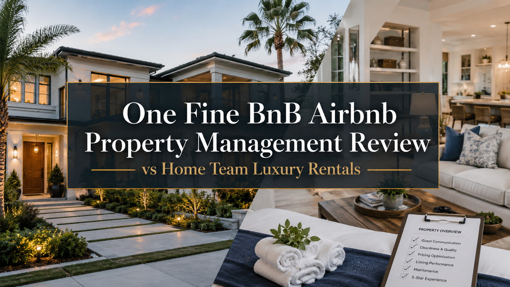 Luxury home exterior with text: “One Fine BnB Airbnb Property Management Review vs Home Team Luxury Rentals”