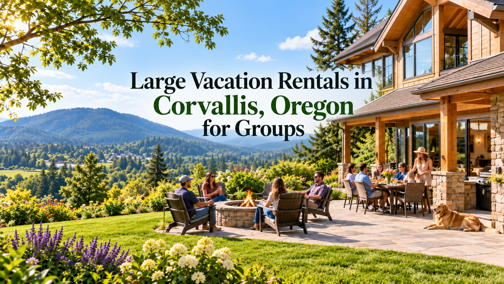 Large vacation rental house with people on a sunny patio in Corvallis, Oregon