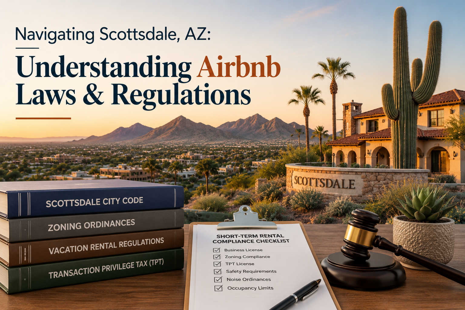 Scottsdale Airbnb laws guide with desert skyline, city code books, and a judge’s gavel on a desk