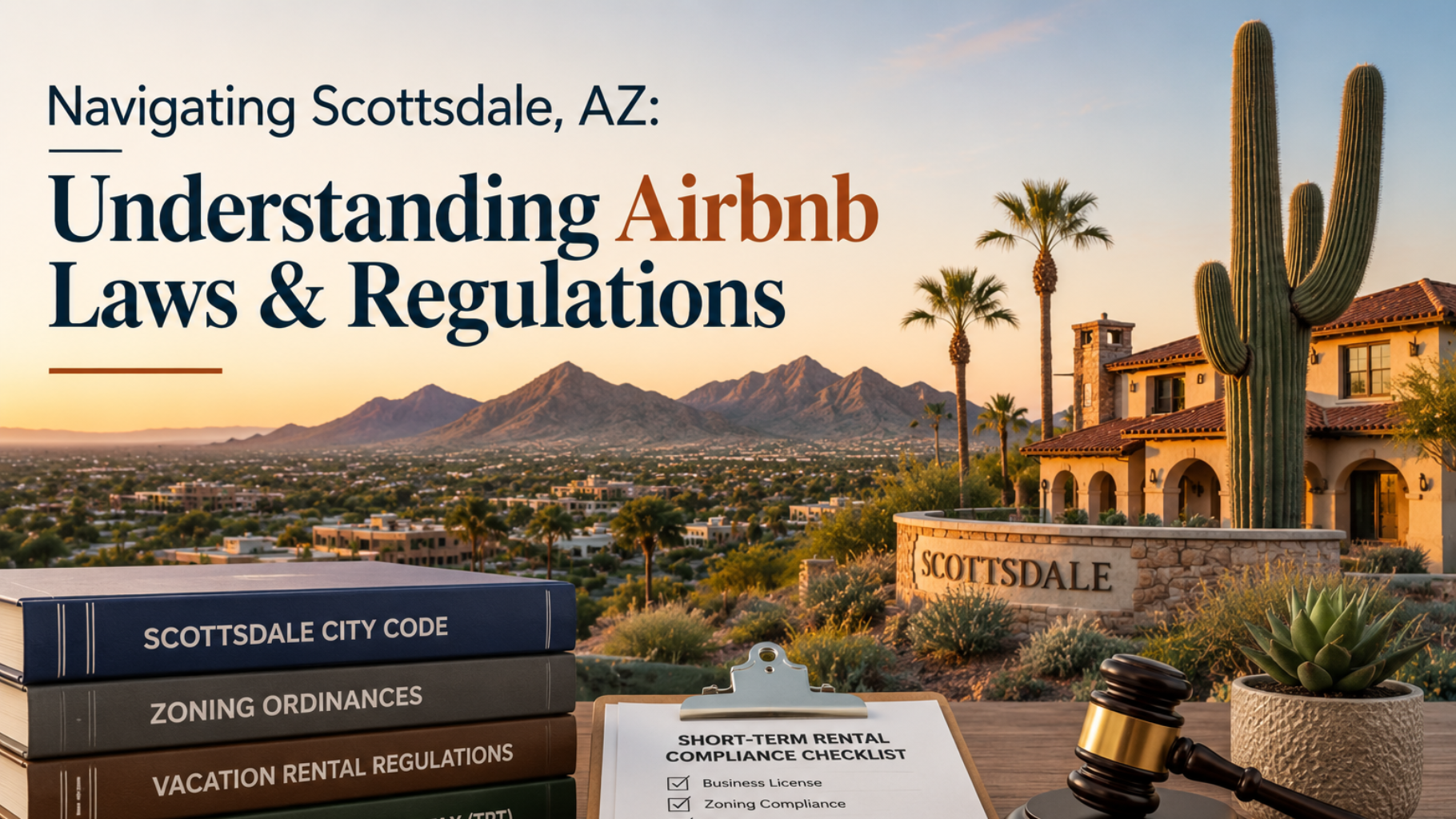 Scottsdale, AZ guide on Airbnb laws and regulations with desert skyline, cactus, and city signs