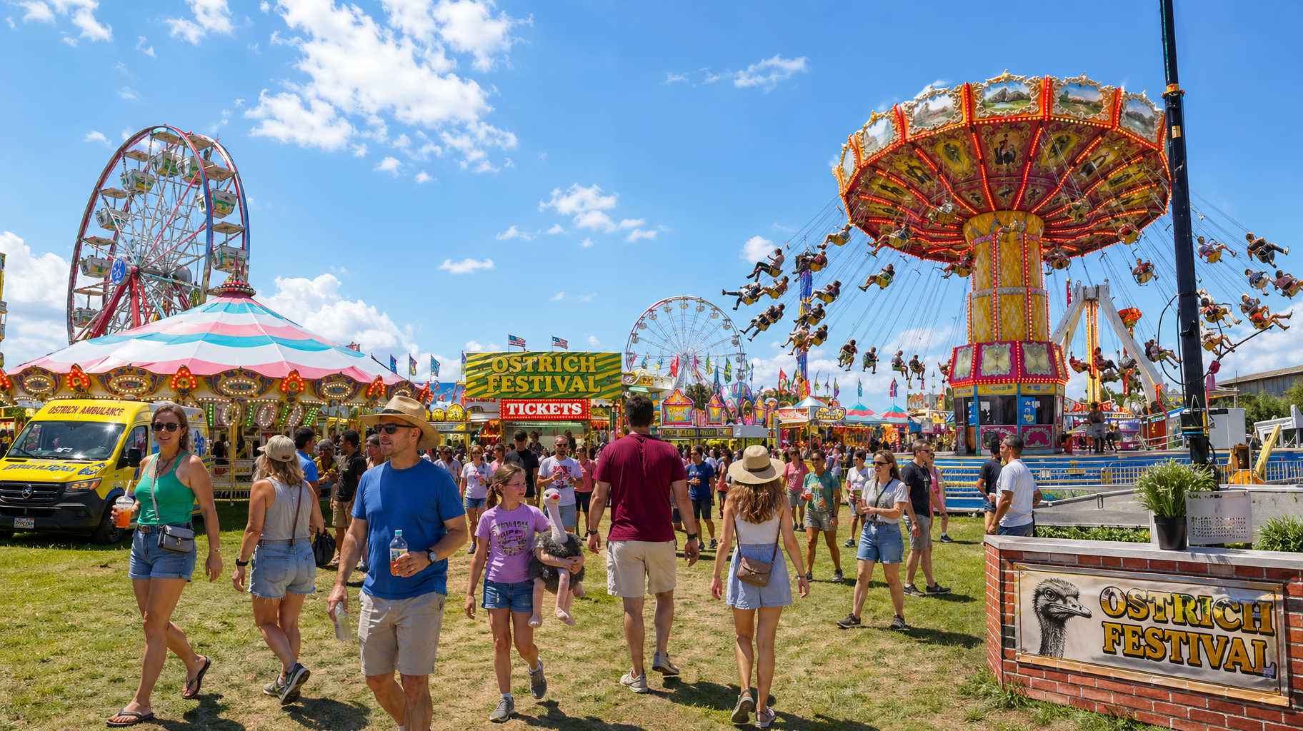 Crowded carnival midway with Ferris wheel, colorful ride, and people walking under a bright blue sky