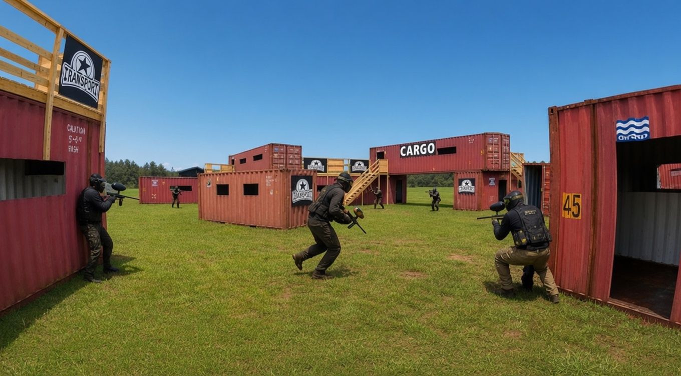People in tactical gear crouch between red shipping containers in a grassy outdoor combat training arena.