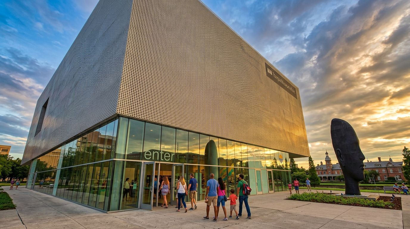 Modern museum with striped facade, glass entrance, and visitors outside at sunset