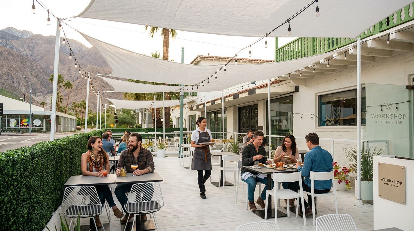 Outdoor café patio with people seated at tables under string lights, mountains in the background