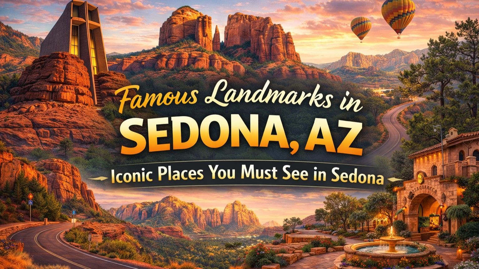 Famous landmarks in Sedona, AZ: Scenic view with mountains, roads, architecture, and hot air balloons at sunset.