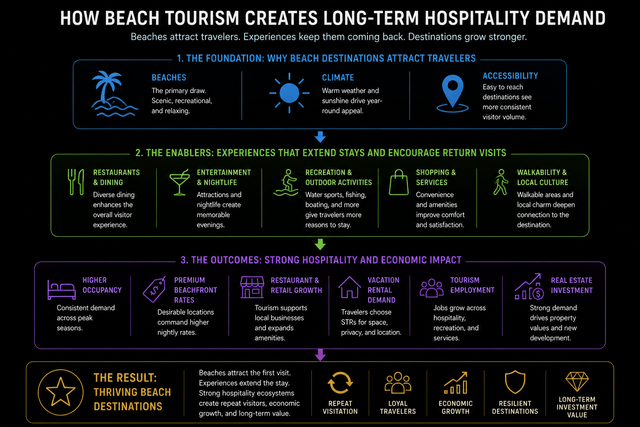 Dark infographic titled 'How beach tourism creates long-term hospitality demand' with icons and green stats on black background