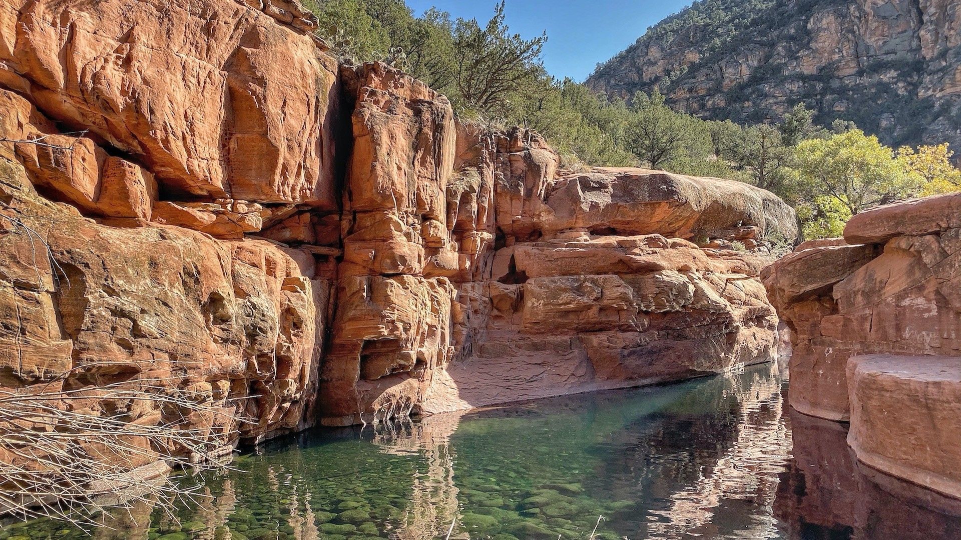 Red rock canyon with still, green water reflecting the cliffs and trees.