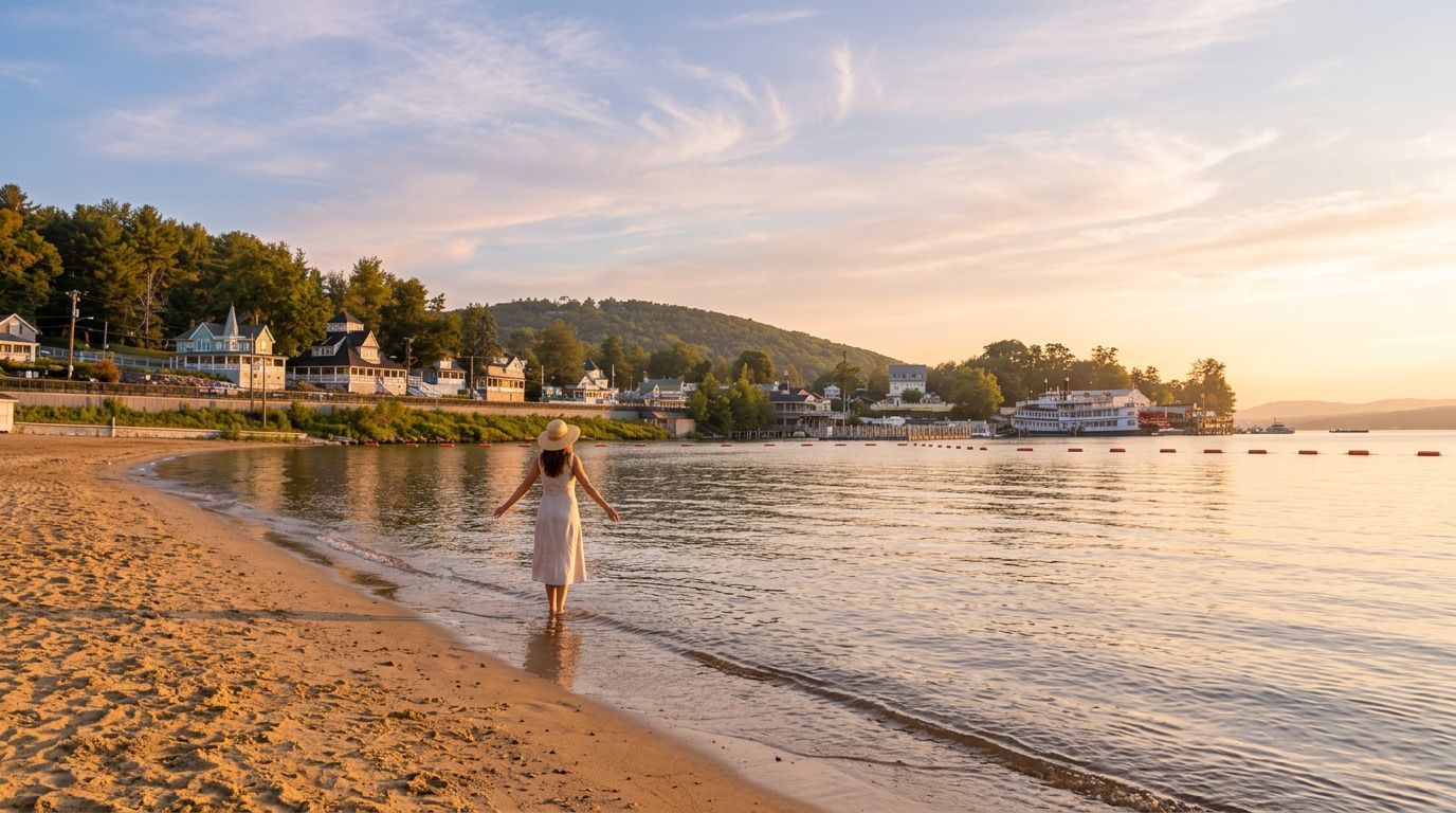 Sunlit beach at sunset with a person walking in shallow water near a quiet coastal town